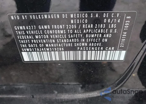 2014 Volkswagen Jetta 1.8T Se z USA, uszkodzony, nr VIN 3VWD17AJ4EM319286